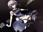  black_legwear braid izayoi_sakuya knife mitsume_(kiiro9) red_eyes silver_hair solo thighhighs touhou twin_braids zettai_ryouiki 