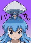  :d bad_id bad_pixiv_id blue_eyes blue_hair chibi dual_persona expressionless hat hat_removed headwear_removed ikamusume mini-ikamusume minigirl multiple_girls open_mouth rohitsuka shinryaku!_ikamusume smile tentacle_hair 