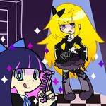  :q alternate_costume alternate_hairstyle bad_id bad_pixiv_id blonde_hair blue_eyes comb frown long_hair multicolored_hair multiple_girls official_style panty_&amp;_stocking_with_garterbelt panty_(psg) purple_hair stocking_(psg) suzumiyu thighhighs tongue tongue_out 