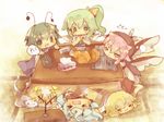  &gt;_&lt; :3 antennae bad_id bad_pixiv_id blonde_hair blue_hair bow cat cirno closed_eyes controller daiyousei food fruit green_hair hair_bow kotatsu mandarin_orange masirosu multiple_girls mystia_lorelei newspaper pink_eyes pink_hair remote_control rumia short_hair side_ponytail table team_9 television tissue_box touhou under_kotatsu under_table wings wriggle_nightbug 