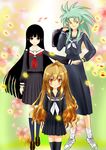  aisaka_taiga angry bangs black_hair black_serafuku blue_hair blunt_bangs blush brown_eyes brown_hair crossover enma_ai flower jigoku_shoujo luna_rune multiple_girls petals pleated_skirt pointy_ears red_eyes ryouko_(tenchi_muyou!) school_uniform serafuku skirt socks spiked_hair tenchi_muyou! thighhighs toradora! yellow_eyes 