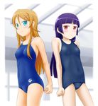  adjusting_clothes adjusting_swimsuit aqua_eyes arena_(company) black_hair blush brown_hair competition_school_swimsuit gokou_ruri kousaka_kirino long_hair multiple_girls old_school_swimsuit one-piece_swimsuit ore_no_imouto_ga_konna_ni_kawaii_wake_ga_nai product_placement red_eyes school_swimsuit swimsuit tk4 