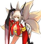  animal_ears bent_over blonde_hair breasts cleavage fox_ears fox_tail large_breasts long_hair multiple_tails orange_eyes original pupps skirt smile solo tail 