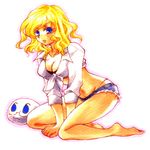  america_(hetalia) axis_powers_hetalia bad_id bad_pixiv_id barefoot blonde_hair blue_eyes breasts cleavage cutoffs denim denim_shorts front-tie_top full_body genderswap genderswap_(mtf) kneeling medium_breasts orologio shirt short_shorts shorts simple_background solo tied_shirt 