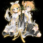  1girl blonde_hair brother_and_sister choker detached_sleeves feathers fingerless_gloves gloves headphones hekicha kagamine_len kagamine_len_(append) kagamine_rin kagamine_rin_(append) siblings twins vocaloid vocaloid_append 