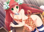  1girl apron breasts cleavage curtain curtains flower game_cg green_eyes indoors ladle large_breasts long_hair naked_apron no_bra no_panties open_mouth red_hair solo thighhighs 