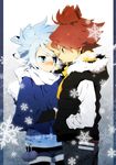  blue_eyes blush denim hand_on_head inazuma_eleven inazuma_eleven_(series) jacket jeans multiple_boys nagumo_haruya pants poncho red_hair rim1010 scarf shorts snow snowflakes suzuno_fuusuke thighhighs white_hair winter yellow_eyes 