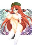  arms_behind_back blue_eyes braid breasts curvy hong_meiling large_breasts long_hair mabuchoco_m nipples nude red_hair solo thighhighs touhou twin_braids very_long_hair white_legwear 