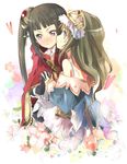  atelier_(series) atelier_totori black_eyes black_hair blue_eyes blue_sleeves blush detached_sleeves flower hair_ornament heart holding_hands long_hair looking_back maromi_(am97) mimi_houllier_von_schwarzlang multiple_girls side_ponytail totooria_helmold yuri 