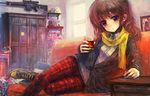  bad_id bad_pixiv_id brown_eyes brown_hair drink gun lm7_(op-center) lying original pantyhose pen rifle scarf sniper_rifle solo weapon yellow_scarf 