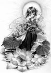  black_hair flower greyscale hair_flower hair_ornament japanese_clothes lotus monochrome original solo yamanashi_mashiro 