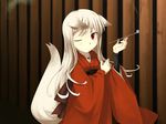  animal_ears bad_id bad_pixiv_id ikura_hato japanese_clothes kiseru long_hair one_eye_closed original pipe red_eyes solo tail white_hair 