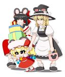  :3 animal_ears annoyed apron ascot bag black_hair blonde_hair bow box carrying chibi detached_sleeves flandre_scarlet gift gift_box hair_bow hair_tubes hakurei_reimu hat hat_bow hat_ribbon holding_hands kirisame_marisa large_bow mouse_ears multiple_girls pointing red_eyes ribbon side_ponytail touhou v-shaped_eyebrows waist_apron wings witch_hat yamato_damashi yellow_eyes 