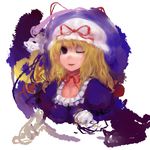  ;o bad_id bad_pixiv_id dress hat impossible_clothes long_sleeves looking_at_viewer maccha_cocoa_(mococo) mob_cap one_eye_closed parted_lips purple_dress solo touhou white_background yakumo_yukari 