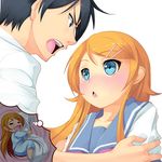  1girl :&lt; :3 =_= black_eyes black_hair blue_eyes blush body_pillow brother_and_sister chibi dreaming fang koflif kousaka_kirino kousaka_kyousuke long_hair orange_hair ore_no_imouto_ga_konna_ni_kawaii_wake_ga_nai pajamas pillow school_uniform serafuku short_hair siblings sleeping 