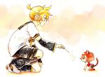  1girl all_fours animal_ears arm_warmers bangs belly_peek black_footwear black_sailor_collar black_shorts blonde_hair boots breasts brown_hair cat cat_ears cat_girl cat_tail cat_teaser cattail chibi closed_mouth from_side headphones holding kagamine_len kemonomimi_mode looking_at_another meiko minigirl motion_lines necktie oharu one_knee outstretched_arm parted_lips plant playing ponytail profile red_eyes red_footwear red_hair red_skirt sailor_collar short_hair short_sleeves shorts skirt tail traditional_media vocaloid yellow_neckwear 