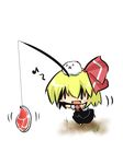  bad_id bad_pixiv_id blonde_hair blush_stickers bow chibi fang fishing_rod food goma_(gomasamune) hair_bow kedama meat ribbon rumia simple_background solo touhou |_| 