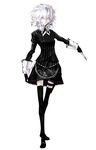  alternate_costume banpai_akira black_legwear boots full_body garters izayoi_sakuya knife koumajou_densetsu koumajou_densetsu_2 maid_headdress short_hair silver_eyes simple_background solo thighhighs touhou white_hair zettai_ryouiki 