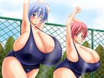  2girls arms_up blush breasts cameltoe cleavage erect_nipples gigantic_breasts huge_breasts nipples piyokorota swimsuit wink 