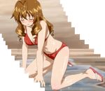  antenna_hair bikini blush breasts brown_hair cleavage closed_eyes highres long_legs medium_breasts sandals screencap shinryaku!_ikamusume solo sparkle stitched swimsuit third-party_edit tokita_ayumi wet 