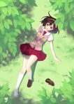  blue_eyes brown_hair dappled_sunlight from_above grass hairband highres leaf legs lying nana_mikoto on_back original outstretched_arm school_uniform shoes short_hair single_shoe smile socks solo sunlight white_legwear 