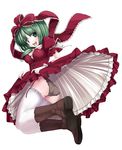  ass black_panties boots dress green_eyes green_hair hair_ribbon kagiyama_hina kurume_shou panties ribbon short_hair solo thighhighs touhou underwear upskirt white_legwear 