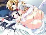  2girls ass ass_grab bed black_hair blonde_hair blush breasts censored game_cg love_delation! multiple_girls panties take_your_pick thighhighs tribadism underwear yuri 