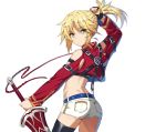  alternate_costume ass belt blonde_hair braid clarent commentary_request fate/grand_order fate_(series) green_eyes highres mordred_(fate) mordred_(fate)_(all) ponytail shorts sword thighhighs tonee weapon 