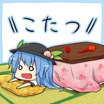  blue_hair chibi food fruit hinanawi_tenshi kotatsu long_hair mandarin_orange o_o open_mouth peach smile solo table touhou translated yamabuki_(yusuraume) 