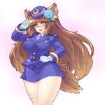  animal_ears breasts brown_hair fax_ogawa flower glasses gloves hair_flower hair_ornament hat hydrangea large_breasts legs long_hair original plump salute seyano_ajisai solo thick_thighs thighs uniform wide_hips 
