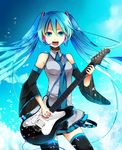  aqua_eyes aqua_hair bad_id bad_pixiv_id detached_sleeves electric_guitar guitar hatsune_miku headset highres instrument long_hair necktie open_mouth skirt solo temari_(deae) thighhighs twintails upside-down very_long_hair vocaloid whammy_bar 