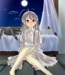  barefoot bed blush dress grey_eyes hair_ribbon highres kasugano_sora legs long_hair moon night ribbon shika silver_hair sitting solo stuffed_animal stuffed_bunny stuffed_toy yosuga_no_sora 