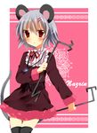  alternate_costume animal_ears bad_id bad_pixiv_id black_legwear blush casual contemporary dowsing_rod fujishiro_emyu grey_hair mouse_ears mouse_tail nazrin short_hair solo tail thighhighs touhou 