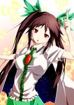  :o alternate_hairstyle bow breasts brown_hair cape green_bow hair_bow head_tilt highres large_breasts long_hair maruyama_kurehiro open_mouth pointing radiation_symbol red_eyes reiuji_utsuho solo touhou twintails 