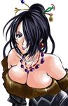  atomomo bare_shoulders beauty_mark big_breasts black_hair breasts cleavage dress earrings female final_fantasy final_fantasy_x hair_bun hair_ornament hair_over_one_eye jewelry large_breasts long_hair lowres lulu lulu_(final_fantasy) mole necklace red_eyes simple_background solo square_enix white_background 