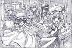  4girls armor battletech blush board_game book bow bracelet braid buront crescent dice final_fantasy final_fantasy_xi flandre_scarlet graphite_(medium) greyscale hair_bow hands hat izayoi_sakuya jewelry long_hair maid maid_headdress monochrome multiple_girls no_wings patchouli_knowledge pencil playing_games pointing reading remilia_scarlet room sakino_shingetsu short_hair shrug side_ponytail smile sweatdrop table tabletop_rpg tears the_iron_of_yin_and_yang touhou traditional_media twin_braids wrist_cuffs 