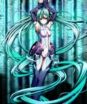  aqua_eyes aqua_hair armpits arms_up background_text bad_id bad_pixiv_id belt blush breasts bridal_gauntlets center_opening character_name hachimitsu_candy hatsune_miku hatsune_miku_(append) headphones highres long_hair medium_breasts navel necktie solo thighhighs twintails very_long_hair vocaloid vocaloid_append wall_of_text 