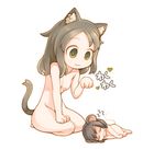  2girls :3 animal_ears black_hair cat_ears cat_tail chibi closed_eyes drooling green_eyes heart lying miniboy mouse_ears multiple_girls nude on_side original paw_pose ran_system seiza simple_background sitting sleeping smile tail zzz 
