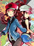  1girl bad_id bad_pixiv_id baseball_cap belt brown_hair denim denim_shorts hat jacket multicolored multicolored_eyes pokemon pokemon_(game) pokemon_bw ponytail santou_suihei shorts smile touko_(pokemon) touya_(pokemon) vest 