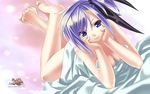  agarest_senki agarest_senki_(series) barefoot bed_sheet blue_eyes blue_hair breasts cleavage downblouse feet highres hirano_katsuyuki long_hair lying medium_breasts naked_sheet noah_(agarest_senki) nude on_stomach ribbon side_ponytail smile solo 