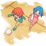  1girl ball blue_eyes blue_hair dress green_eyes hood hoodie inazuma_eleven inazuma_eleven_(series) kiyama_hiroto nomuo_(shiromi) red_hair running urubida younger 