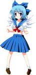  absurdres alternate_costume blue_eyes blue_hair bow cirno contemporary full_body hair_bow highres midriff navel oyu_no_kaori pleated_skirt ribbon school_uniform skirt solo touhou transparent_background wings 