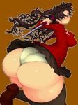  ass bad_anatomy blue_eyes breasts brown_hair curvy fate/stay_night fate_(series) h_hiroma hair_ribbon huge_ass long_hair looking_back medium_breasts ribbon solo sword thick_thighs thighhighs thighs toosaka_rin twintails weapon wide_hips zettai_ryouiki 