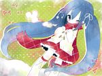  blue_eyes blue_hair blush coat hatsune_miku kneehighs long_hair maako_(yuuyake.) mittens one_eye_closed red_scarf scarf skirt solo very_long_hair vocaloid 