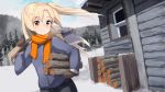  1girl ame. axe azur_lane bangs black_pants blonde_hair blue_jacket blue_sky blush brown_mittens building carrying_under_arm cleveland_(azur_lane) closed_mouth cloud cloudy_sky commentary_request day eyebrows_visible_through_hair firewood fur-trimmed_sleeves fur_trim holding holding_axe jacket long_hair long_sleeves mittens mountain one_side_up outdoors pants red_eyes revision sky smile solo very_long_hair window 