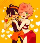  1girl bare_shoulders black_hair chibi curly_hair green_eyes headband jojo_no_kimyou_na_bouken mirihiko narancia_ghirga one_eye_closed pink_hair red_eyes short_hair side_slit skirt trish_una vento_aureo wristband 