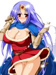  blue_hair blush bottomless breasts cape censored chunsoft cleavage dragon_quest dragon_quest_iii enix gloves highres huge_breasts large_breasts long_hair no_panties pussy pussy_juice red_eyes sack sage_(dq3) skirt skirt_lift smile sweat vagina 