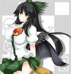  arm_cannon black_hair bow breasts cape cube_(circussion) green_bow grey_eyes hair_bow large_breasts long_hair reiuji_utsuho solo third_eye touhou weapon wings 