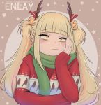  :/ alternate_hairstyle artist_name bell blonde_hair blush boku_no_hero_academia bored commentary english_commentary enlay fake_antlers frown hair_bell hair_ornament hand_on_own_cheek highres jingle_bell long_hair looking_at_viewer scarf solo sweater toga_himiko twintails yellow_eyes 