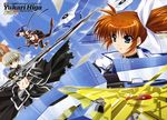  2girls blue_hair cloud day ec_divider_code-996 fortress_(nanoha) higa_yukari highres isis_eaglet lyrical_nanoha magical_boy magical_girl mahou_senki_lyrical_nanoha_force multiple_girls non-web_source perfume_grab purple_eyes raising_heart red_eyes side_ponytail silver_hair sky takamachi_nanoha thoma_avenir 